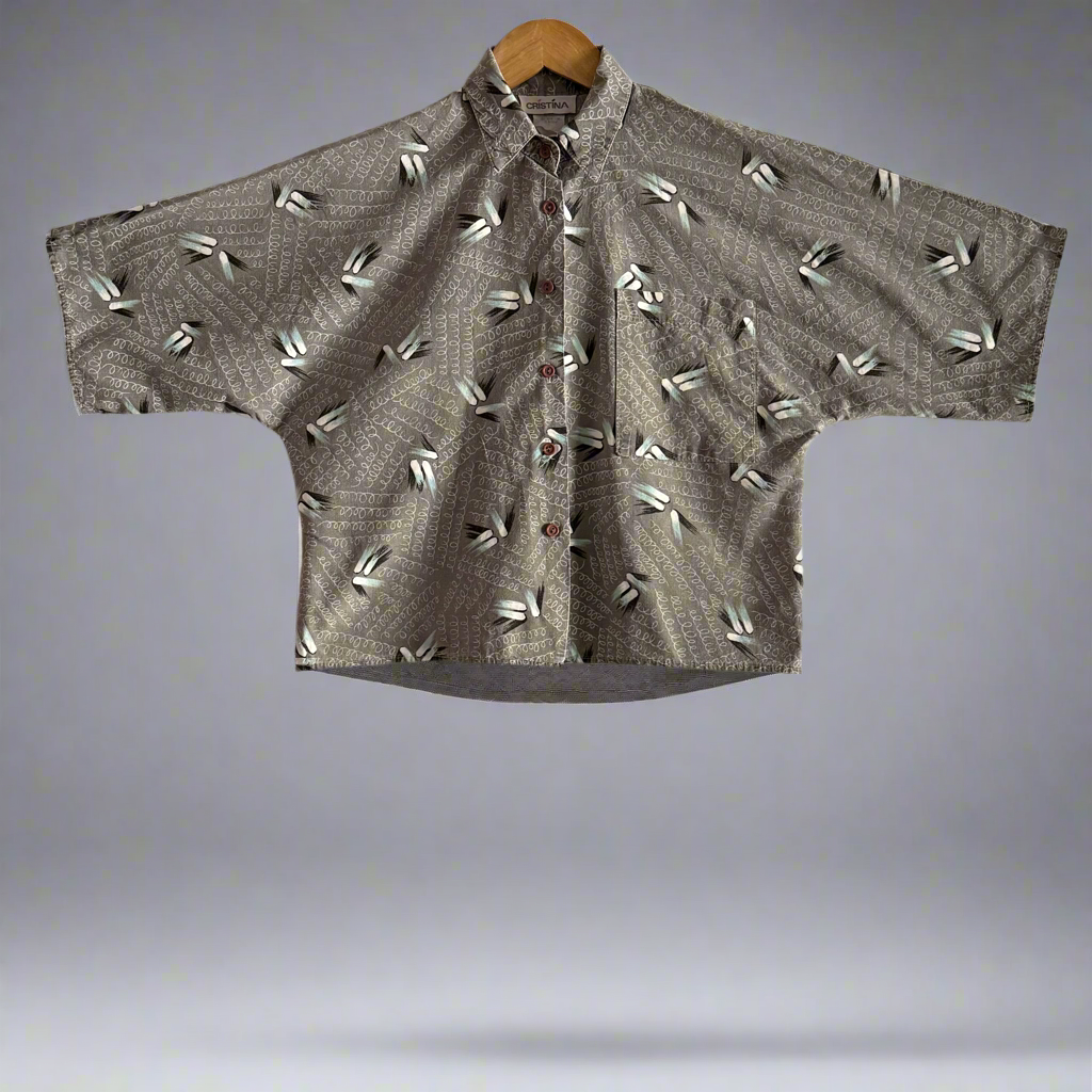 1980’s Cristina Abstract Print Cropped Button Up Shirt, Women’s Medium