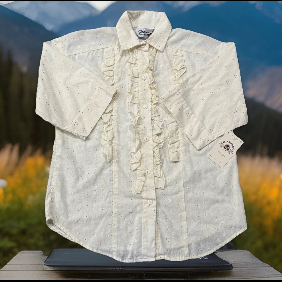 1970’s California Connection Ruffle Buttoned Cotton Eyelet Blouse, Cream