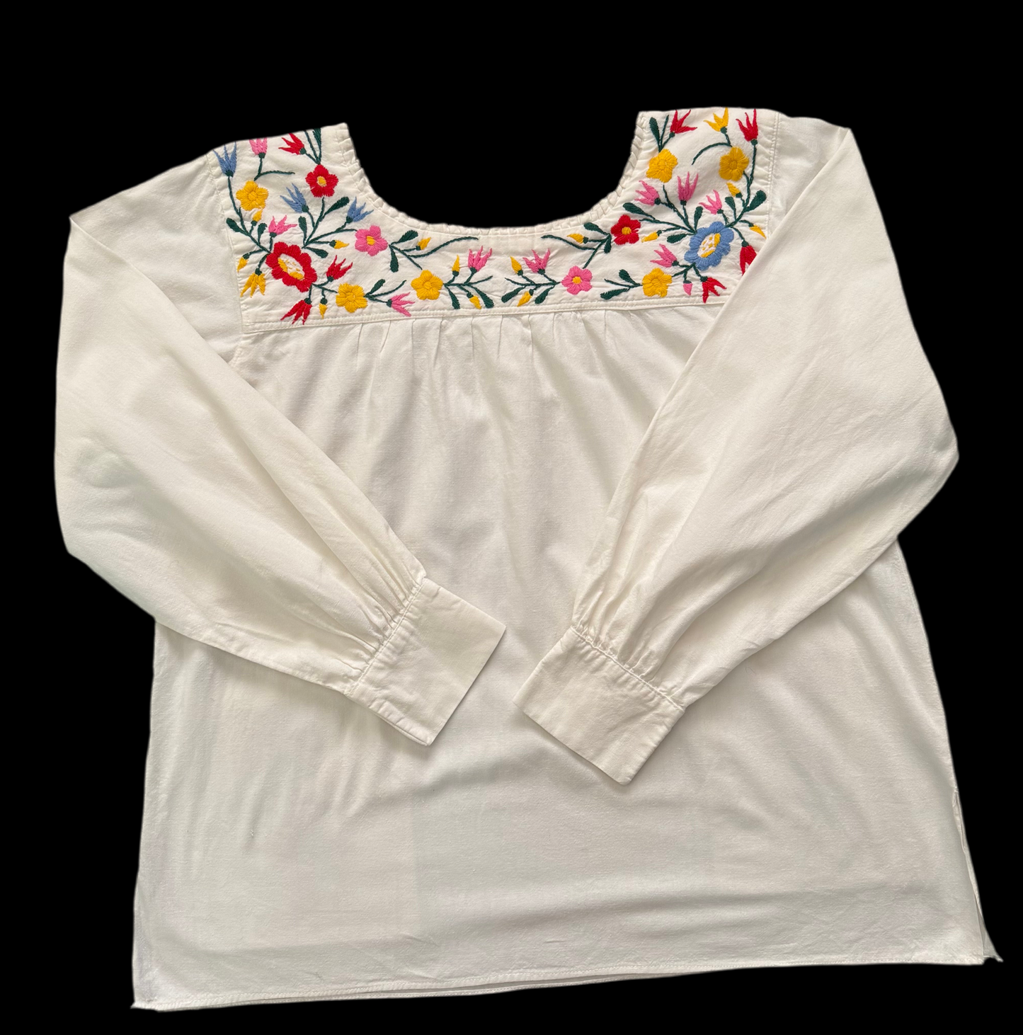 1960’s Cotton Embroidered Floral Mexican Peasant L/S Shirt w/ Pockets