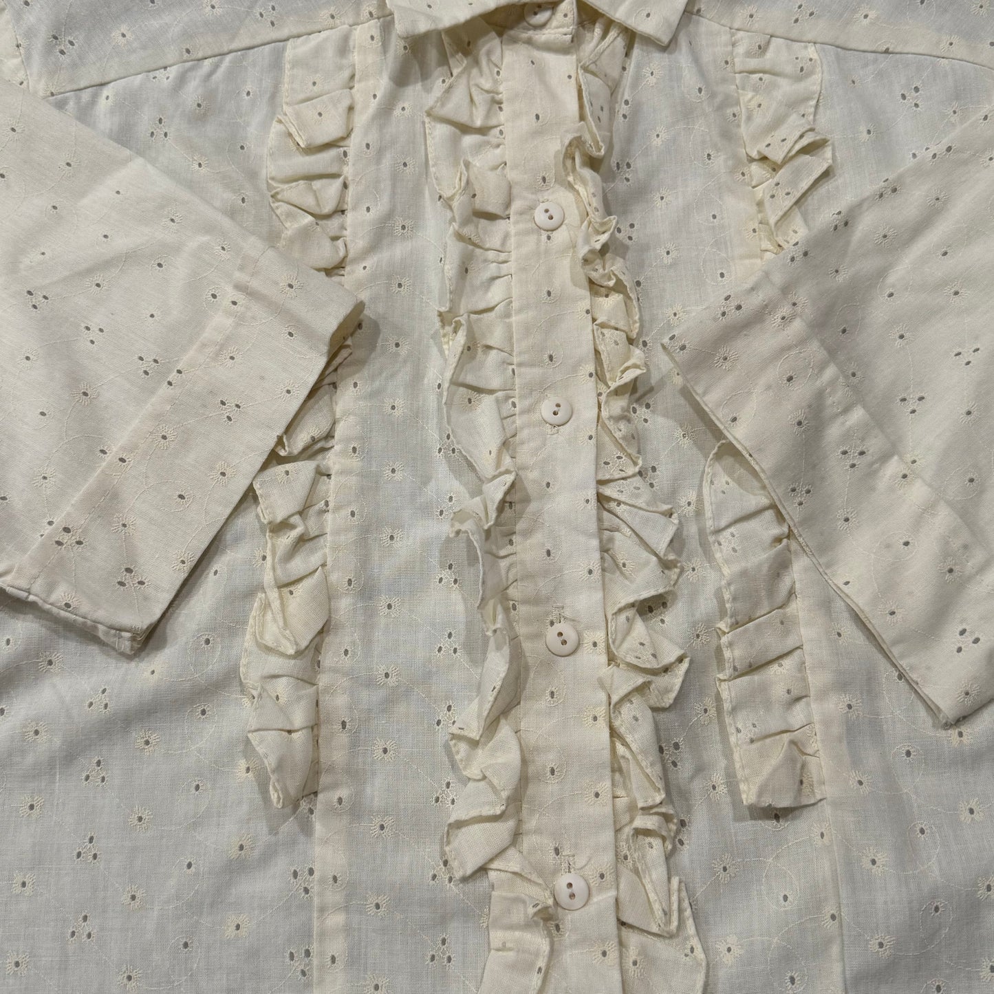 1970’s California Connection Ruffle Buttoned Cotton Eyelet Blouse, Cream