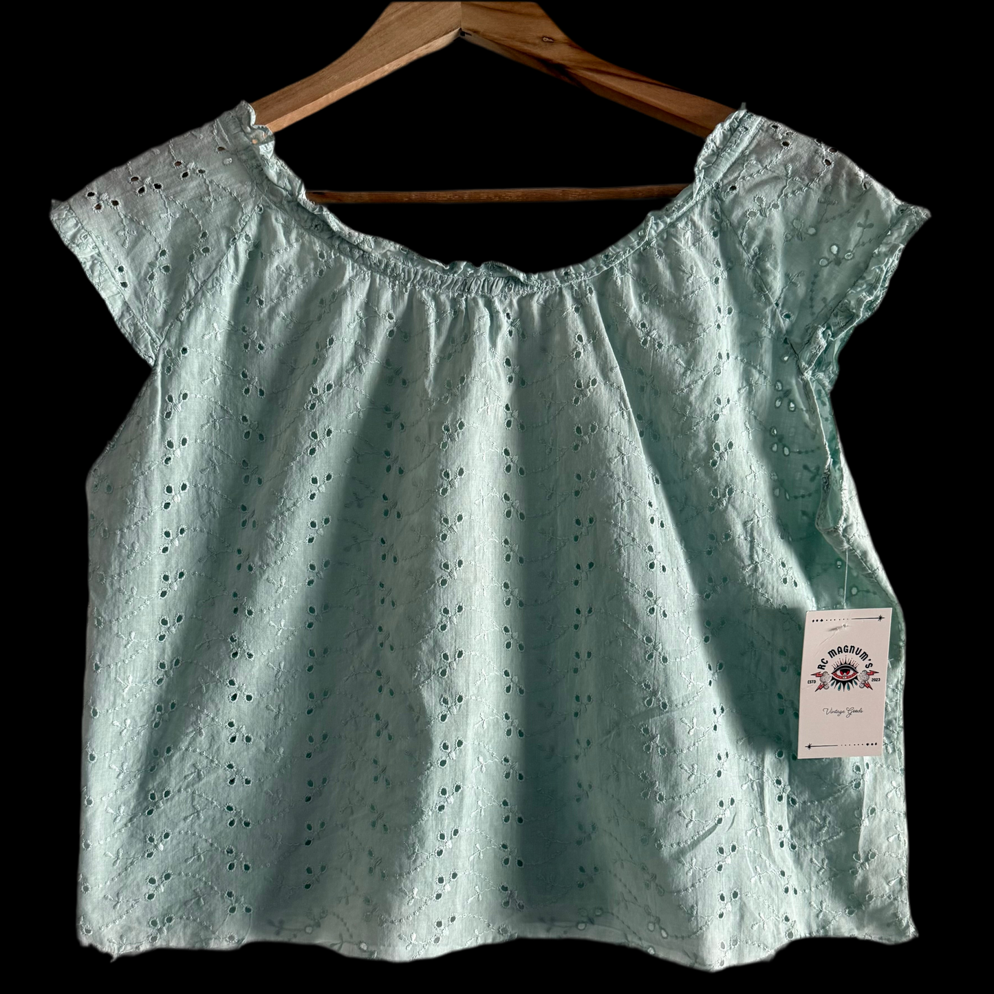1970’s Green Cotton Eyelet Cropped Tank Top Shirt, Women’s Medium