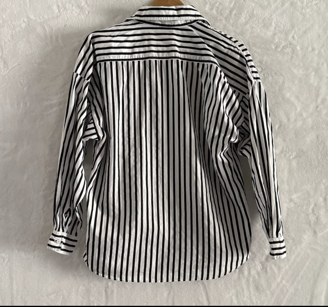 1980's Limited Express 100% Cotton B&W Striped Oversized L/S Shirt, XL