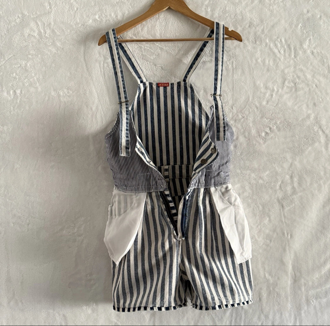1980/90's Star Striped Denim Lined Vest Short Overalls Romper, Size Large