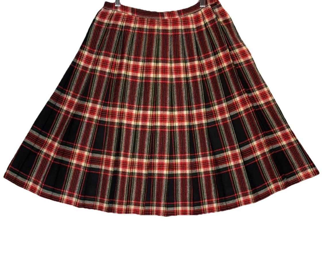 Vintage Bonwit Teller Stella Sloat Pleated Wool Tartan Christmas Midi Skirt, 28
