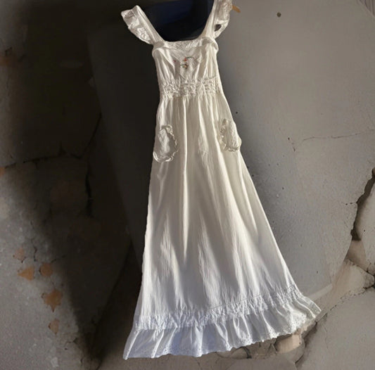1970’s Young Edwardian Arpeja White Cotton Lace Sundress,  Size 9