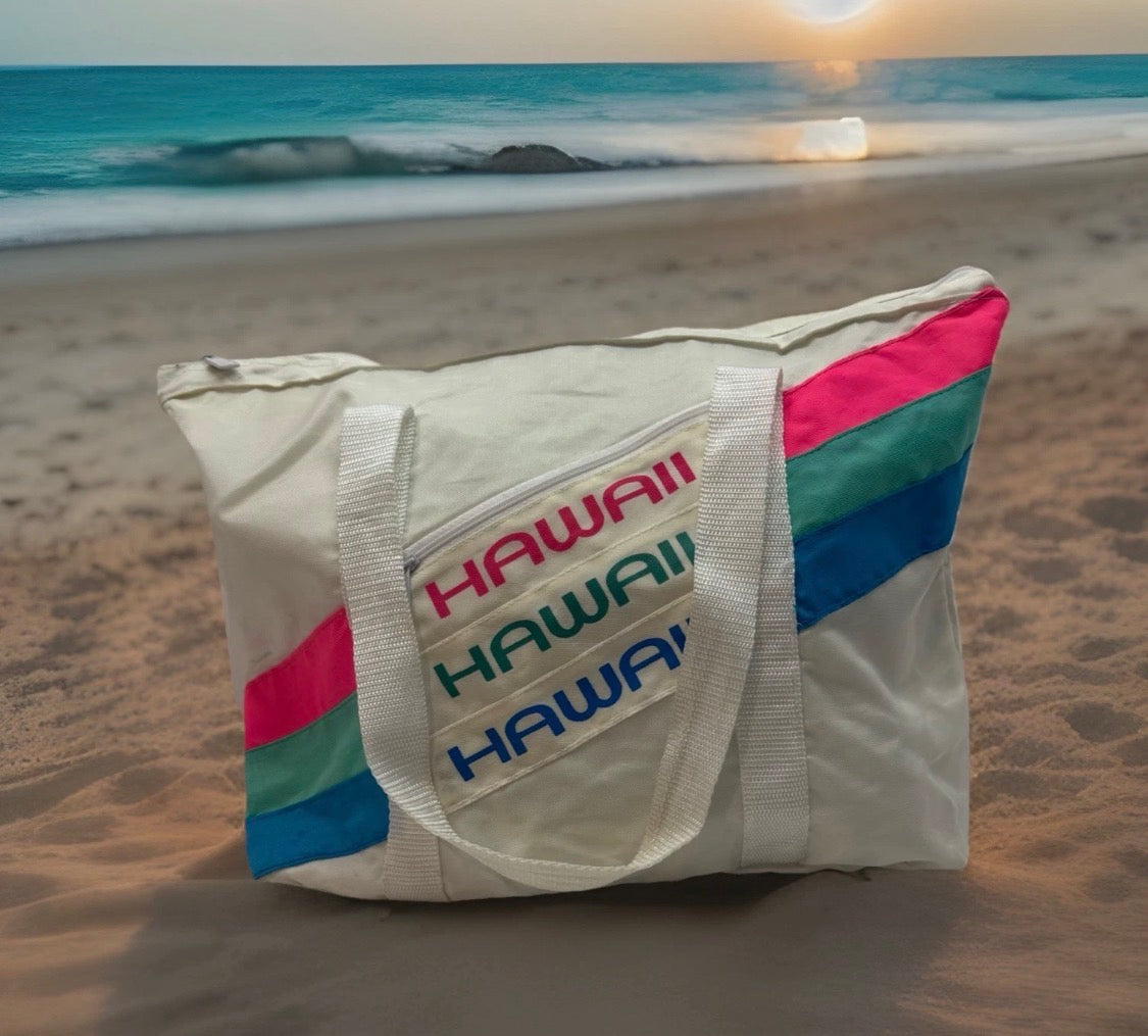 Vintage 1990s Hawaiian Voyager Nylon Zippered Beach Tote Bag Neon Hawaii 18"x13"