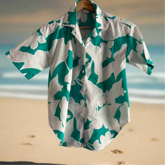 1980’s Island Girl Hawaiian Floral Button Up Shirt Teal Womens, Medium