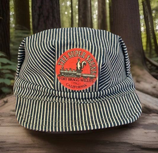 Vintage 60’s Skunk Train Fort Bragg-Willits Hickory Stripe Conductor Hat, 6 7/8