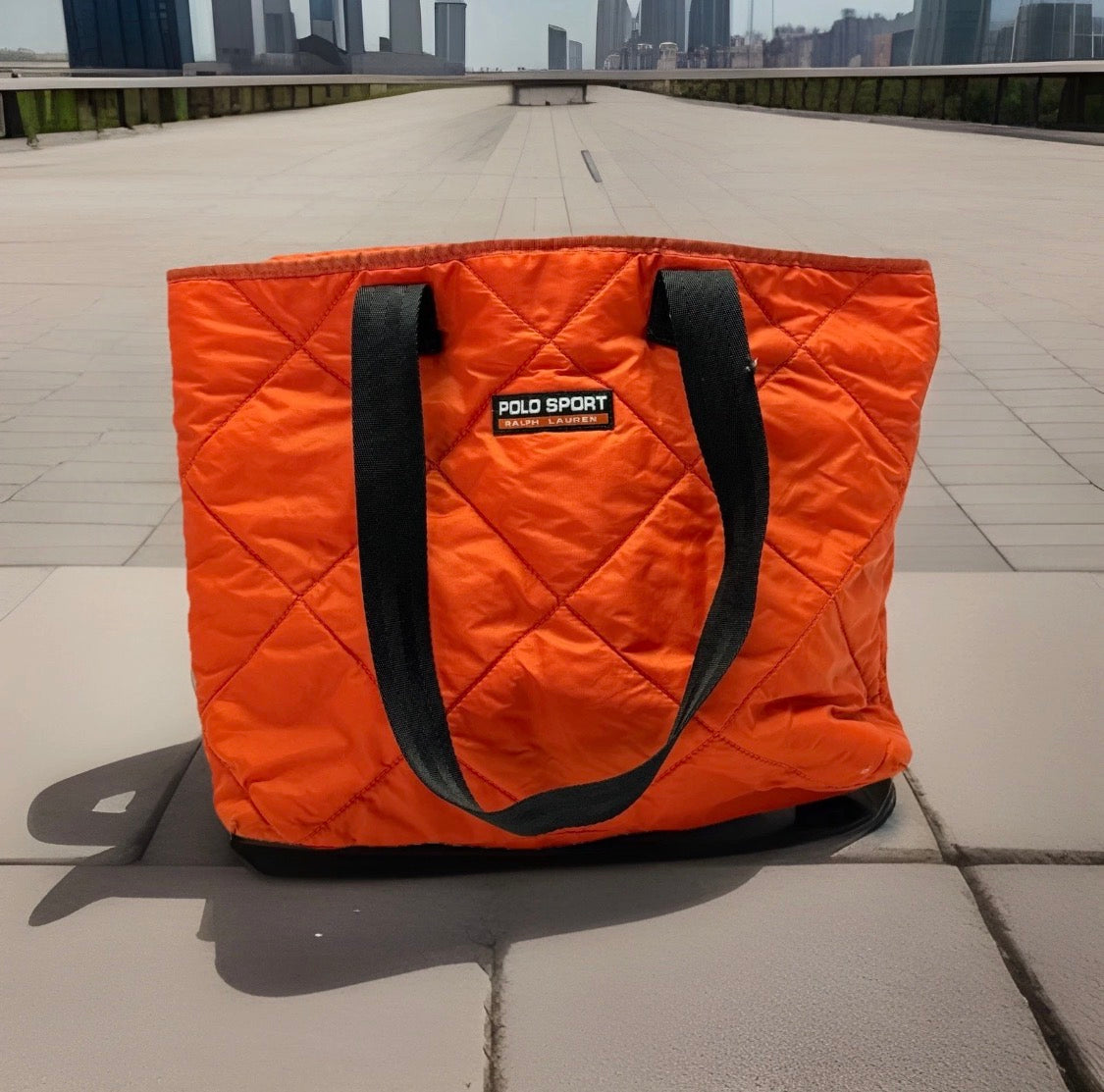 Vintage 90's/Y2K POLO SPORT Ralph Lauren Quilted Nylon Tote Bag, Orange 16"x12"