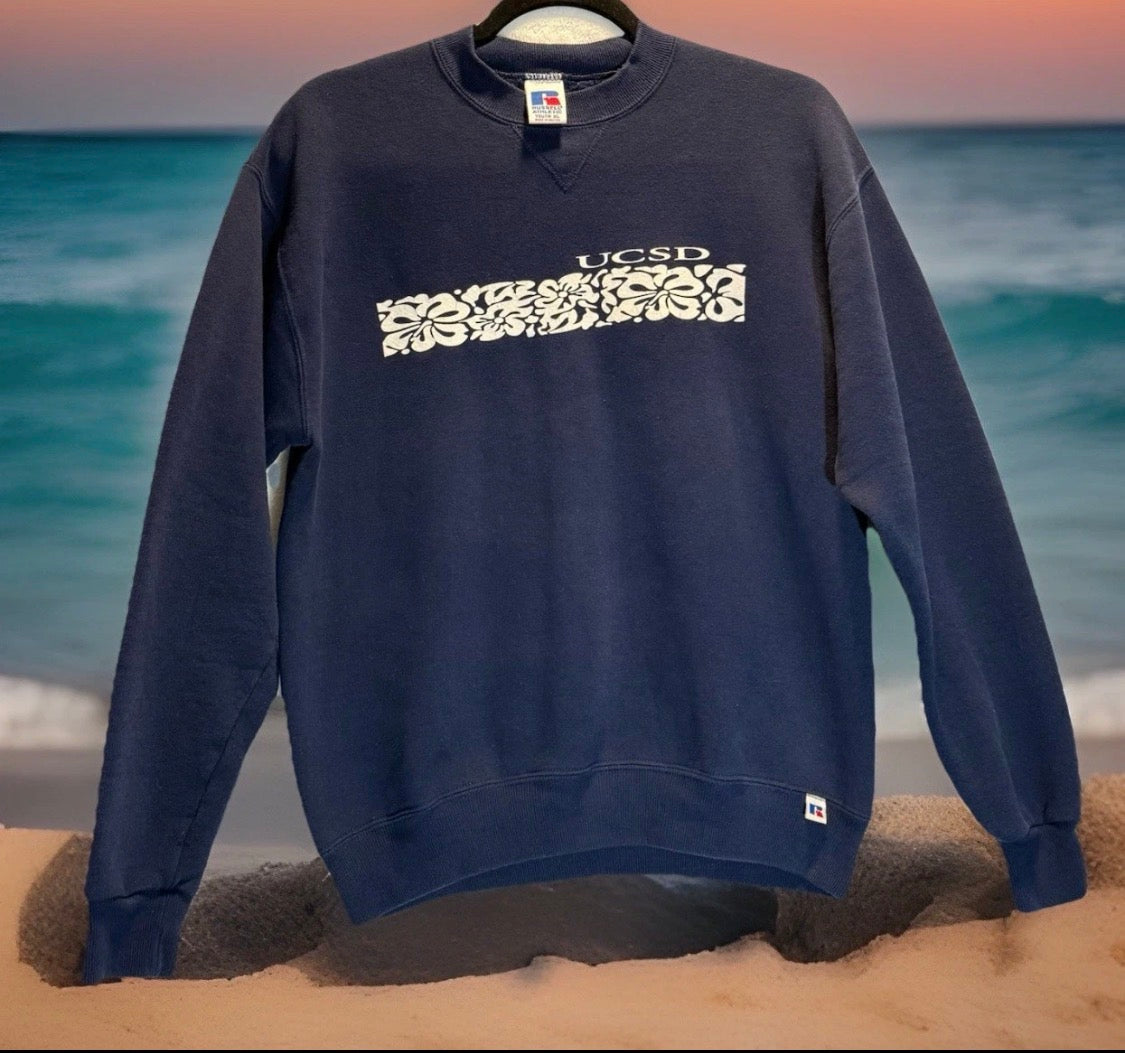 Vintage Y2K UCSD Russell Athletic Crewneck Sweatshirt, Hibiscus Flower Navy, YXL