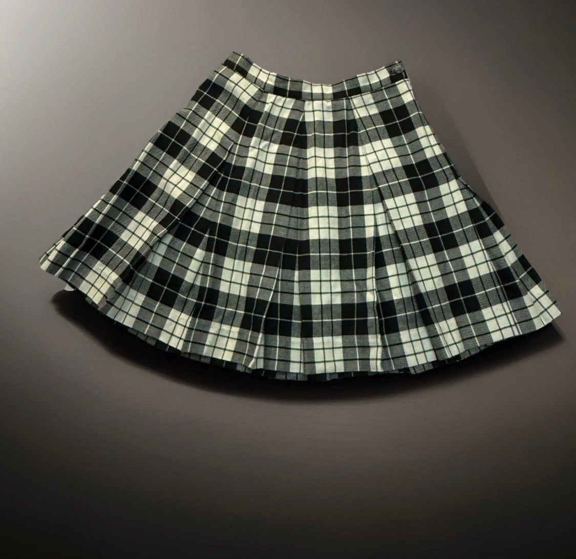Vintage 1980s Philippe Adec Wool Blend Plaid Pleated B&W Schoolgirl Skirt USA, 8