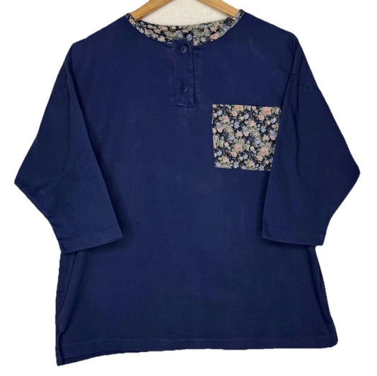 Vintage 1990s Katelyn Rose USA Cottagecore Floral Navy 3/4 Sleeve All Cotton, Med