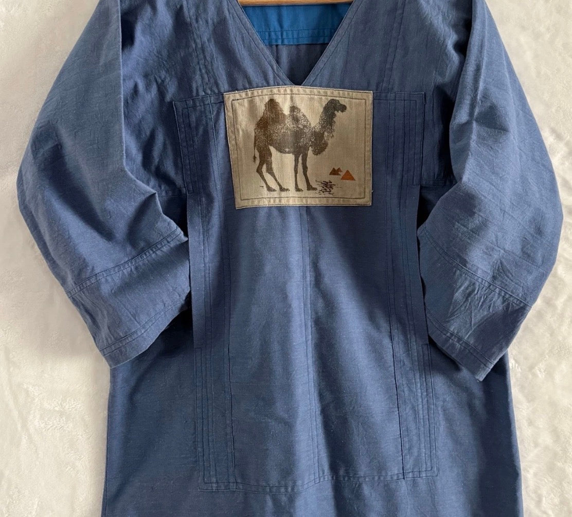 Vintage 1970’s Heavyweight Cotton Tunic Pocket Dress/Gown Camel Pyramids