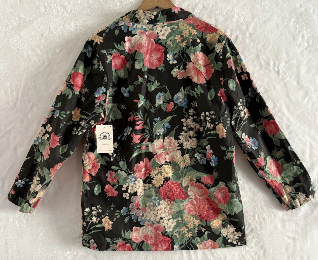 1980’s Willow Ridge Cotton Black Floral Cottagecore Shacket Blazer, size 14