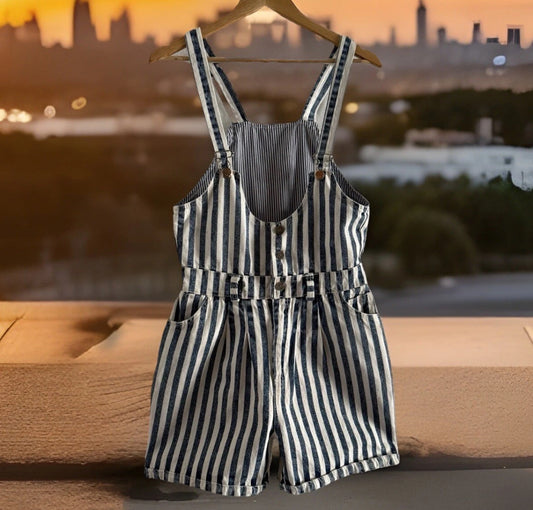 1980/90's Star Striped Denim Lined Vest Short Overalls Romper, Size Large