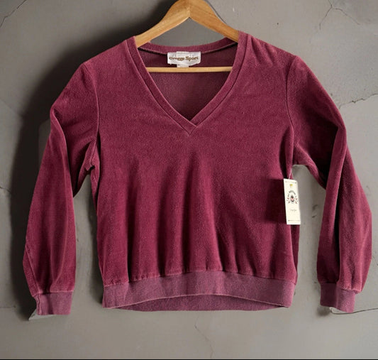 1970’s  Gregge Sport Plum Velour Terry V Neck Sweatshirt, Women’s Large