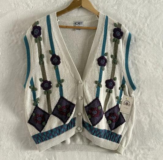 1980’s Koret Floral Knit Granny Sweater Vest, Size 1X
