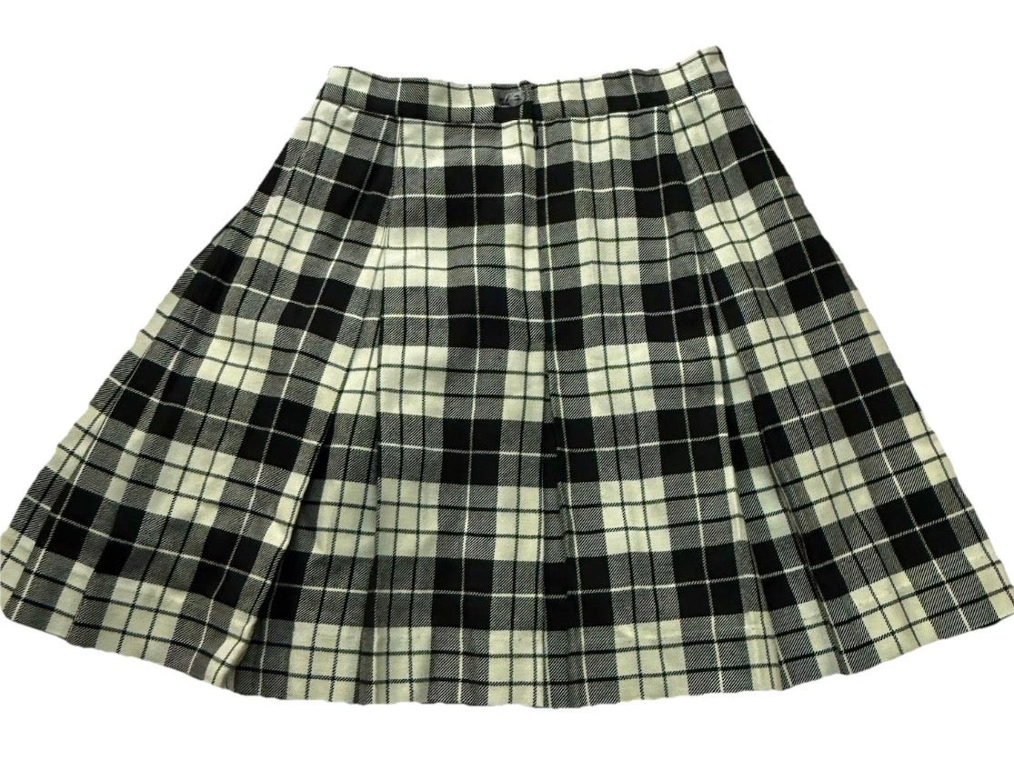 Vintage 1980s Philippe Adec Wool Blend Plaid Pleated B&W Schoolgirl Skirt USA, 8