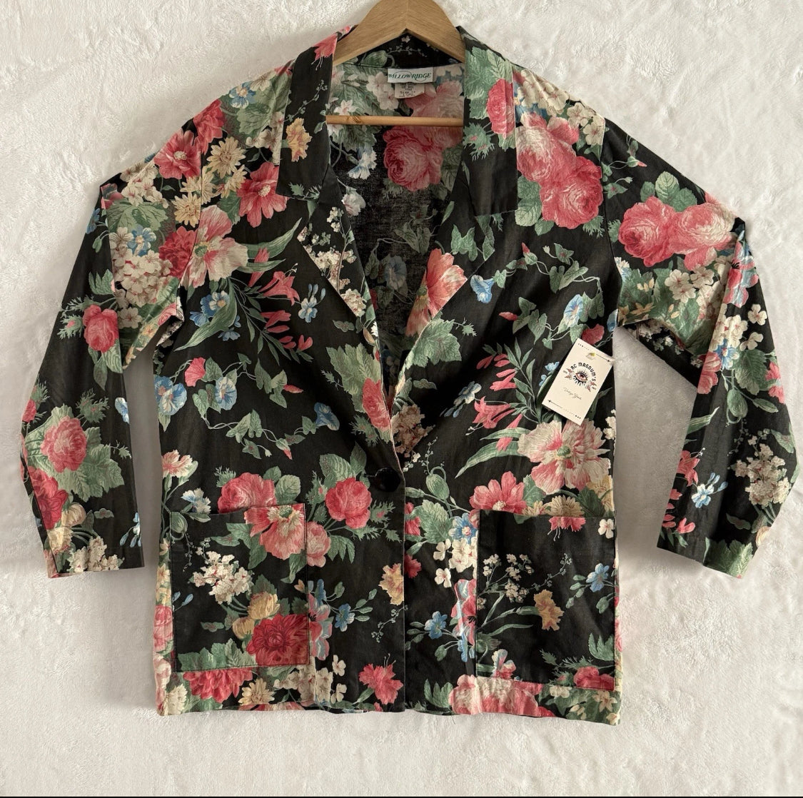 1980’s Willow Ridge Cotton Black Floral Cottagecore Shacket Blazer, size 14