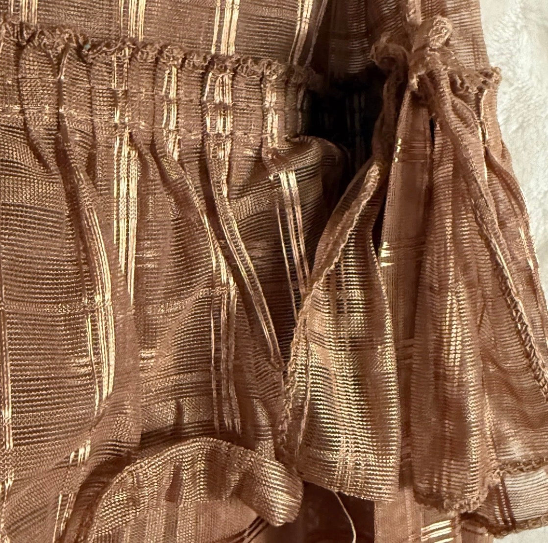 Vintage 1980/90’s Sheer Metallic Copper Ruffle Top Shower Curtain Prop 69x72