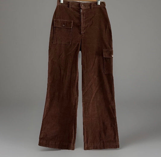 Vintage 1970’s Low Rise Saddleback Cargo Wide Leg Brown Corduroy Pants, 28