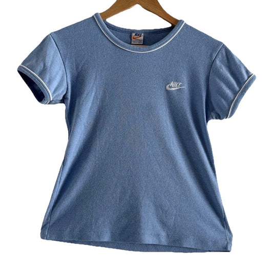 Vintage 1970's Nike Women's Single Stitch Blue Shirt, Small