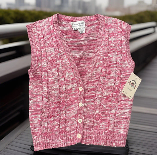1980’s Collage Knit Button Sweater Vest, Pink & White, Women’s Medium