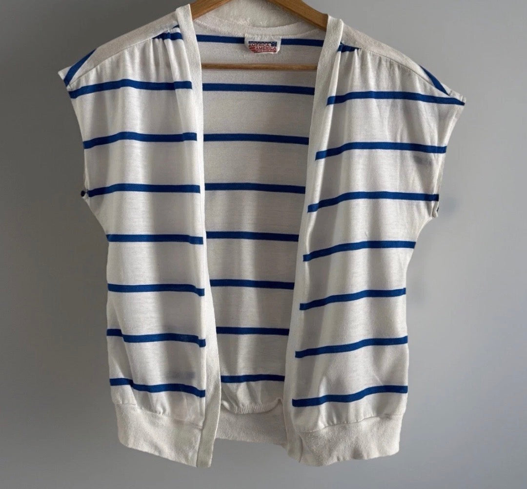 Vintage 1980’sAmerica America Cotton Jersey Stretch Knit Vest Blue White Stripe