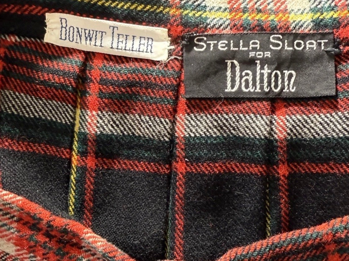 Vintage Bonwit Teller Stella Sloat Pleated Wool Tartan Christmas Midi Skirt, 28
